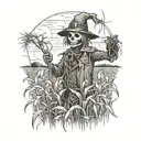 creepy scarecrow in a field of withered corn field tattoo design idea