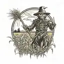 creepy scarecrow in a field of withered corn field tattoo design idea