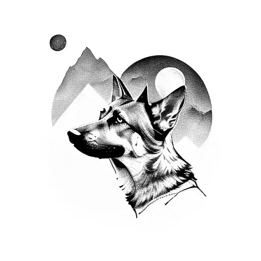 A German Shepherd silhouette against a sunset over the mountains tattoo design idea