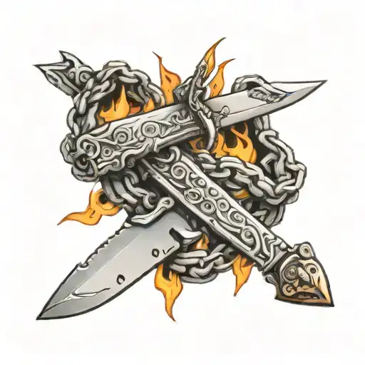 Two knives stuck in the rock wrapped in a burning chain tattoo design idea