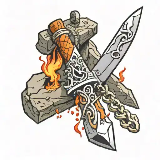Two knives stuck in the rock, wrapped in a burning chain tattoo design idea