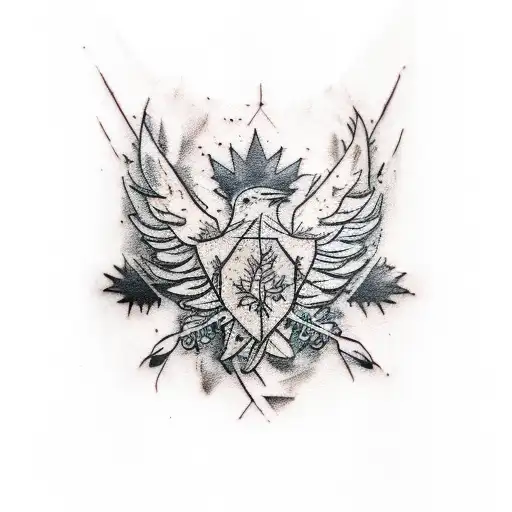 Shoulder tattoo of leather armour ripping through the skin, with an emblam of half white eagle and half red maple leaf tattoo design idea