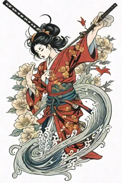 a nude large breasted geisha holding a katana tattoo design idea