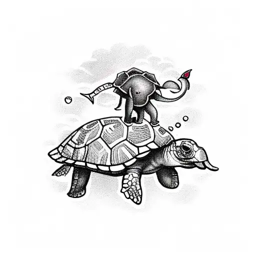 elephant riding on a sea turtle with flowers tattoo design idea