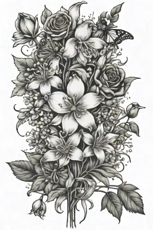 Snowdrop, sweat pea, daisy, Lily of the valley, honey suckle, honeysuckle, rose, water Lily, larkspur, gladiolus, cosmos tattoo design idea