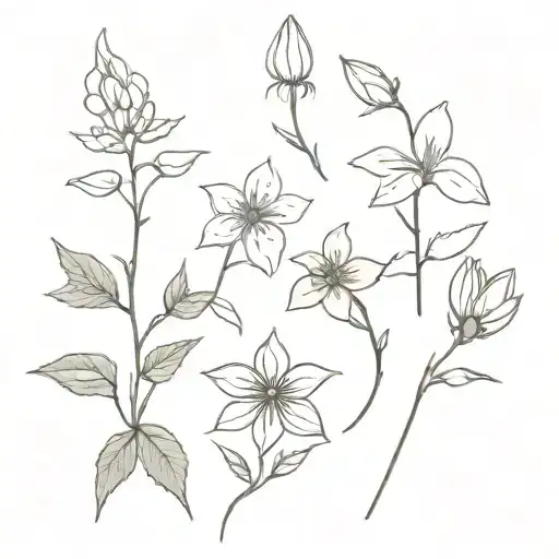 Holly, chrysanthemum, snowdrop, honeysuckle, sweetpea, and larkspur tattoo design idea