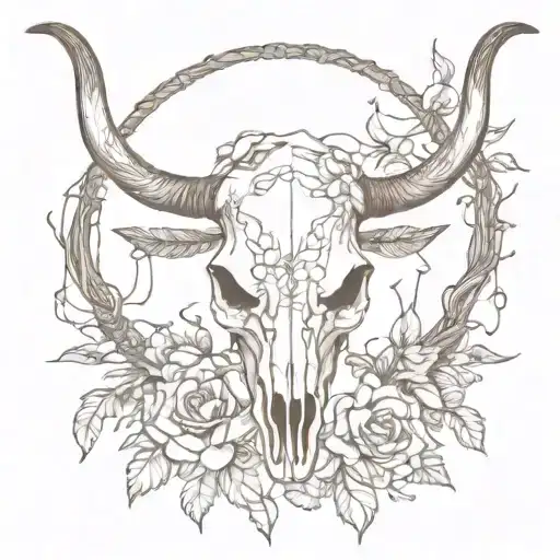 longhorn skull with flowers intertwined with vines and feathers on each side with a dream catcher tattoo design idea