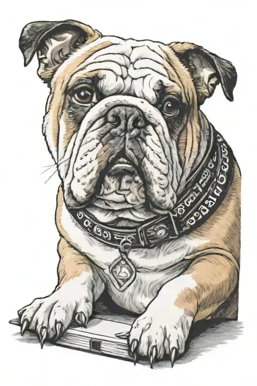 An English bulldog wearing a Kodak film strip as a collar, with a library book in its mouth tattoo design idea