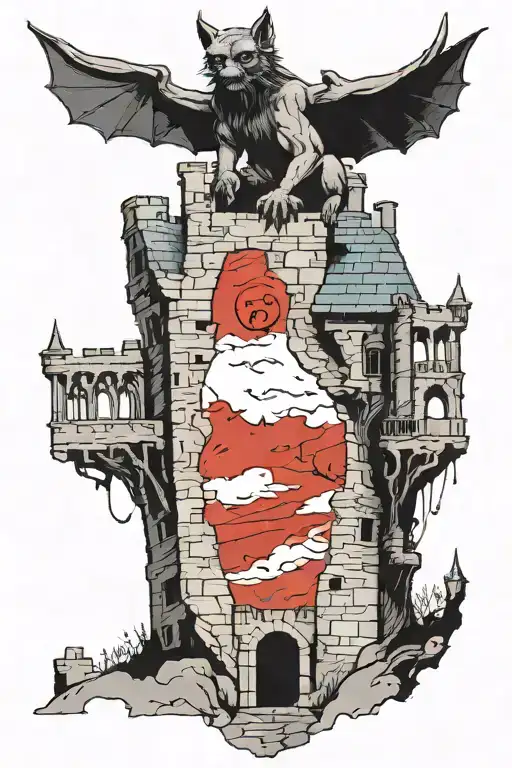 an abandoned gloomy castle with a gargoyle on the roof, the moon in the sky and an old traveler in a cloak on the road below tattoo design idea