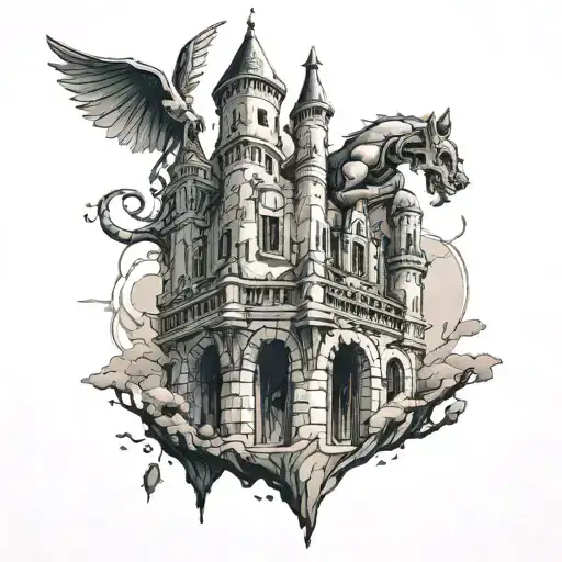 abandoned castle with a traveler and a gargoyle on the roof of the castle takes off tattoo design idea