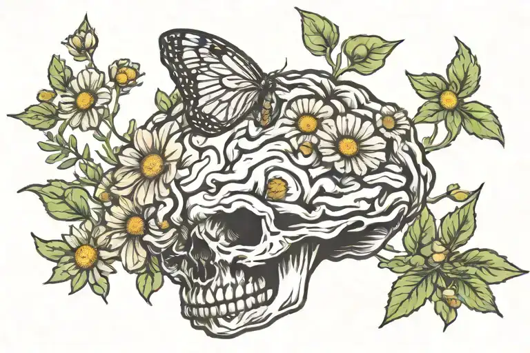 black / white Brain with chamomile flowers.  tattoo design idea