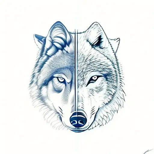 A realistic portrait of a wolf and a bear intertwined symbolizing agnosticism tattoo design idea