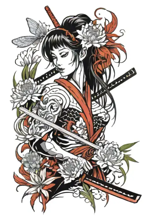 Bust of anime woman with katana surrounded by lycoris radiata flowers and dragonflies, fine white, black and red stroke tattoo design idea