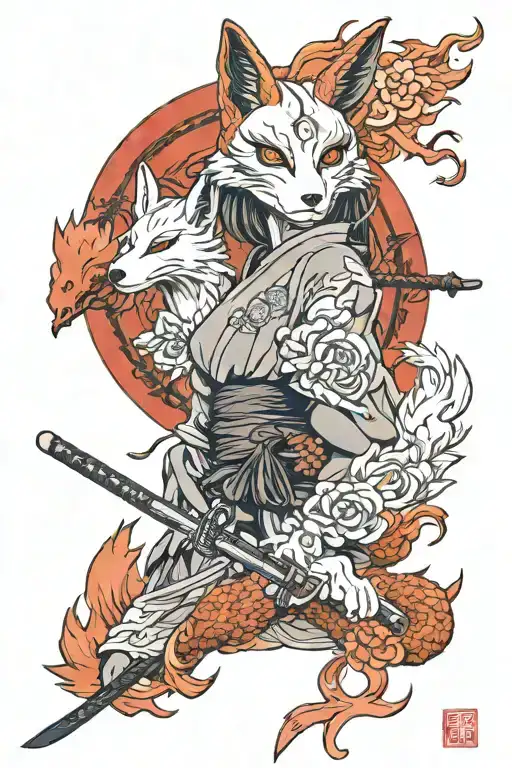 Drawing in fine lines up to the bust of an anime girl with a katana and an epic kitsune-type Japanese fox mask tattoo design idea