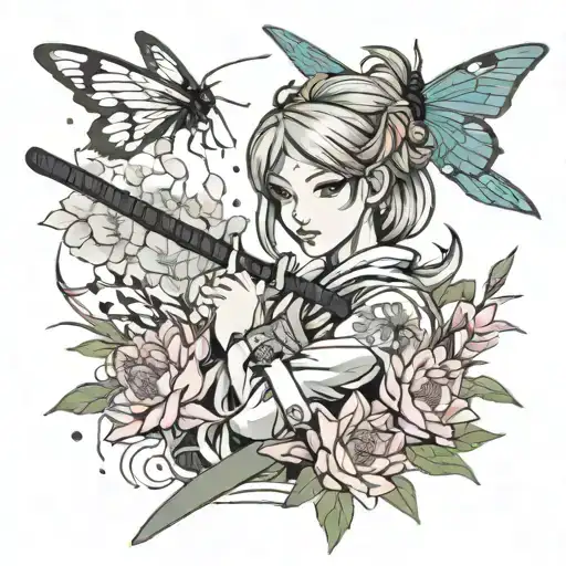 Bust of anime woman with katana surrounded by lycoris radiata flowers and dragonflies tattoo design idea