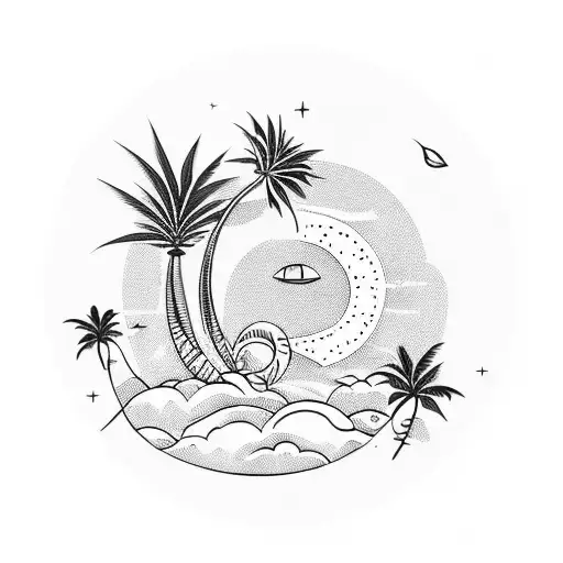 Hawaiian, white on black ink, no shading, Palm Tree, Crescent, Sun, tattoo design idea