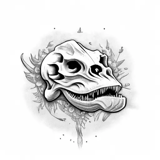 dinosaur skull with wild flower arm sleeve tattoo design idea