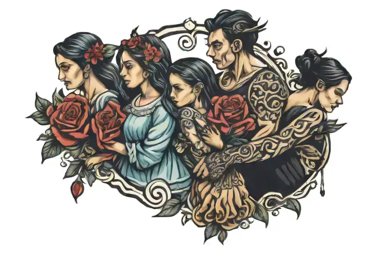 3 sisters 3 boys holding hands tattoo design idea