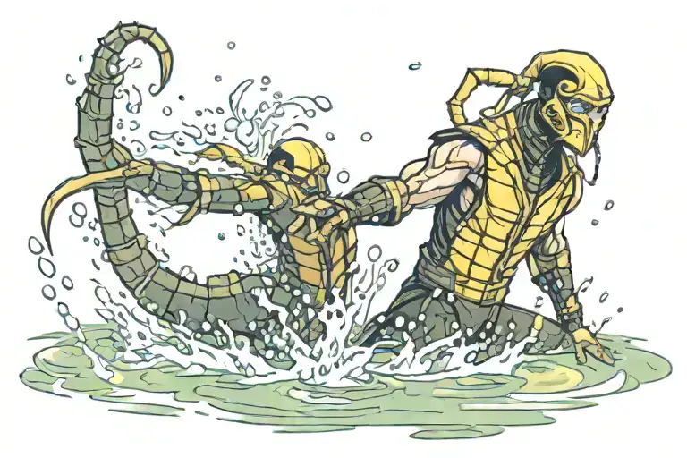 Scorpion from mortal Kombat catching a pixies in water tattoo design idea