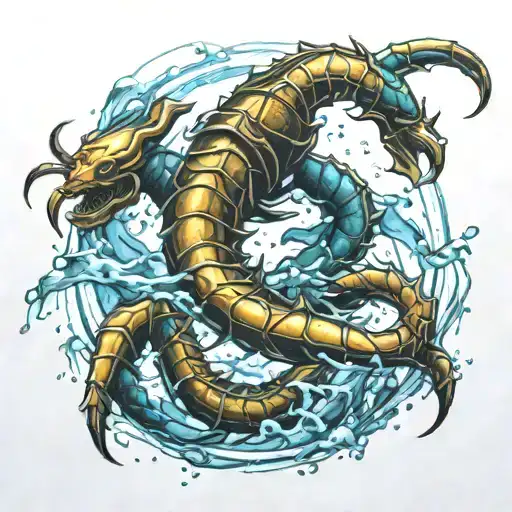 Scorpion from mortal Kombat catching a Pisces in water tattoo design idea