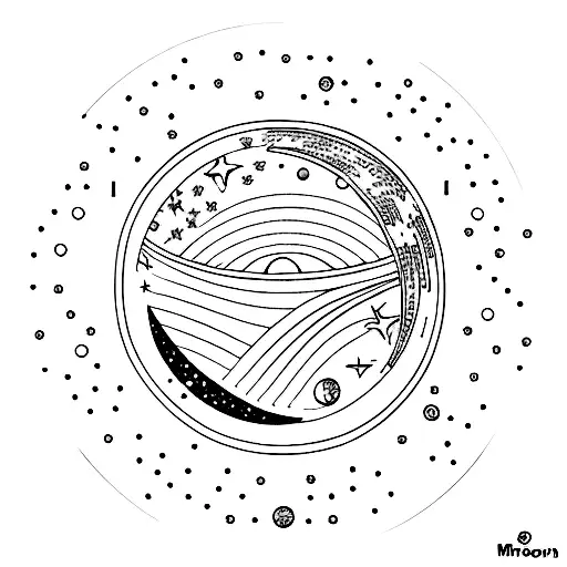 Moon phase from March 6, 2003 with "03.06.03" wrapped around the moon's perimeter, stars and sparkles in background tattoo design idea
