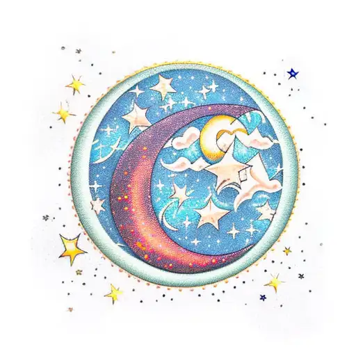 waxing crescent moon with stars and sparkles in background and the numbers 03.06.03 wrapped around the perimeter tattoo design idea