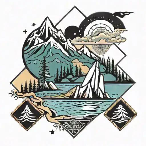 geometric design incorporating mountains, trees, rivers and paddleboarding tattoo design idea