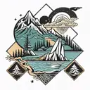 geometric design incorporating mountains, trees, rivers and paddleboarding tattoo design idea