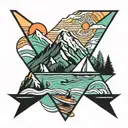 geometric design incorporating mountains, trees, rivers and paddleboarding tattoo design idea