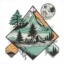 geometric design incorporating mountains, trees, rivers and paddleboarding tattoo design idea