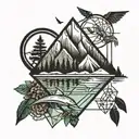 geometric design incorporating mountains, trees, rivers and paddleboarding tattoo design idea