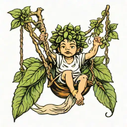 little boy swinging from a pistachio tree, mother earth  tattoo design idea