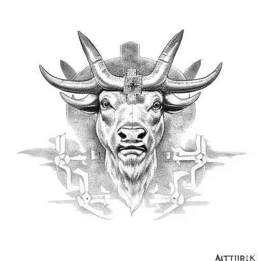 Central Element: Prominent cross with overlaid prayer hands at the center. Surroundings: On the left, a buffalo; on the  tattoo design idea