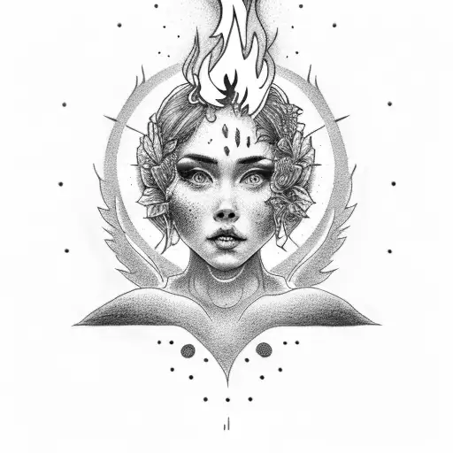 A dotwork tattoo of Hestia holding a burning flame tattoo design idea