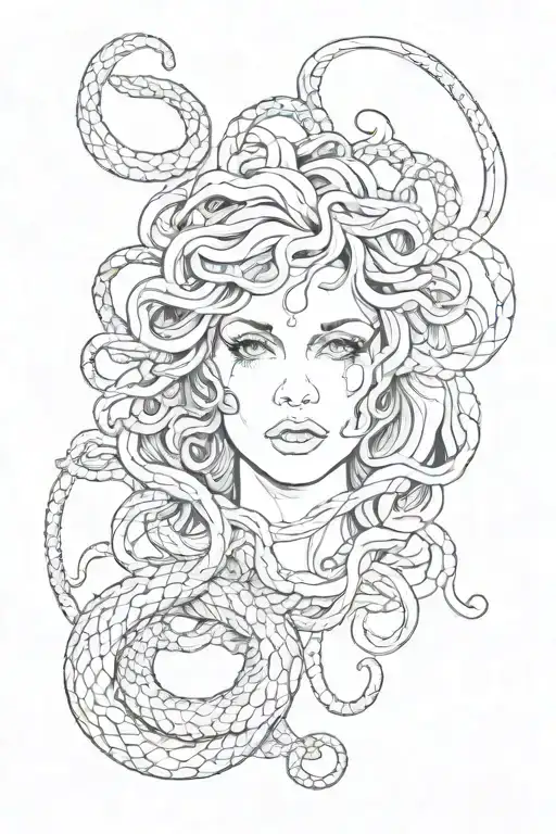 the mythological monster Medusa, appearing powerful and seductive, with Lana del Rey's face with snake hair and a cigar  tattoo design idea