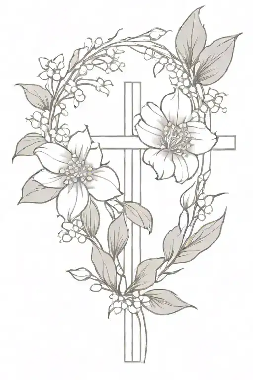 fine line rose and lily of the valley tattoo with a cross tattoo design idea