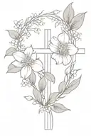 fine line rose and lily of the valley tattoo with a cross tattoo design idea