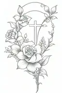 fine line rose and lily of the valley tattoo with a cross tattoo design idea