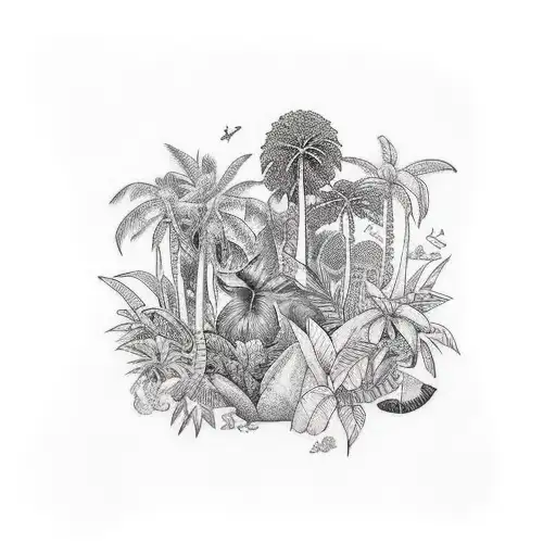 A new-school style tattoo of a vibrant tropical rainforest with various animals and plants intertwined tattoo design idea