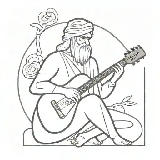A tattoo inspired by Persian mythology, featuring a philosopher playing a guitar, symbolizing the client's love for philosophy and music tattoo design idea