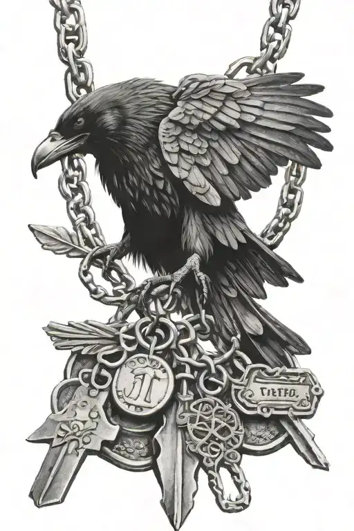 raven flying holding dog tags attached to chain with there talons tattoo design idea
