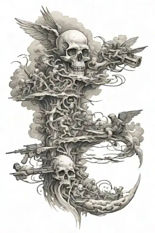 sleeve of heaven at top of arm , hell at the bottom and a war between heaven and hell in the middle tattoo design idea