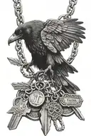 raven flying holding dog tags attached to chain with there talons tattoo design idea