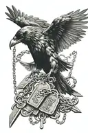 raven flying holding dog tags attached to chain with there talons tattoo design idea