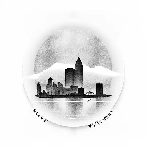 A blackwork tattoo showcasing a serene fishing scene with a silhouette of the Pittsburgh skyline in the distance tattoo design idea