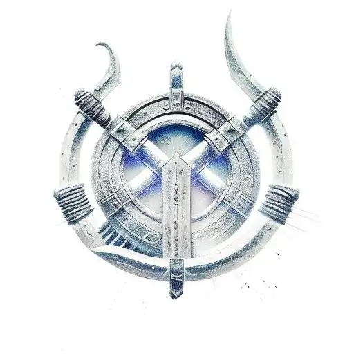 A Viking warrior wielding a futuristic weapon in a cyberpunk setting tattoo design idea