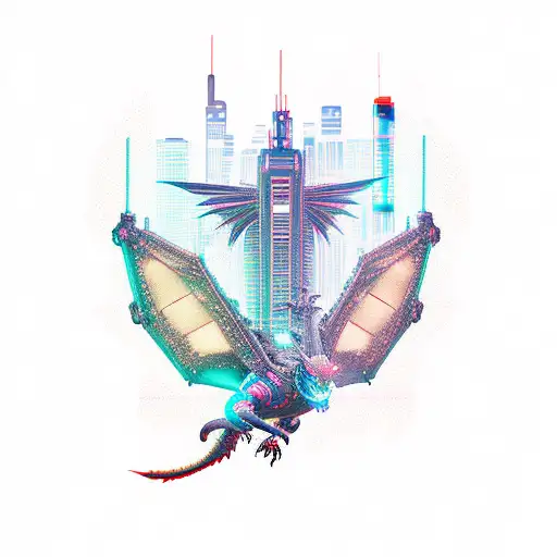 A cyberpunk-inspired dragon soaring over Night City tattoo design idea
