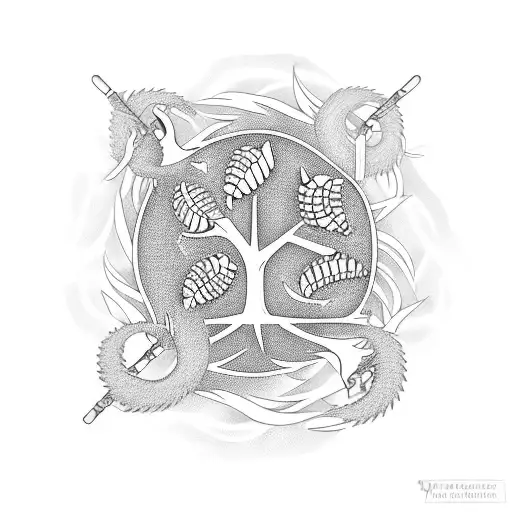 A family tree with branches shaped like baseball bats, surrounded by waves and seagulls tattoo design idea