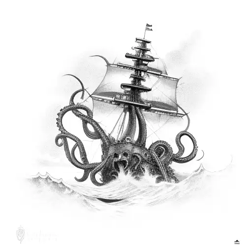 kraken tentacles wrapped around a ship in a storm tattoo design idea
