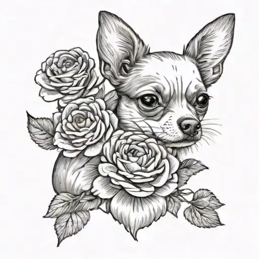 A powerful image of a chihuahua standing proudly next to a large ranunculus flower, symbolizing the client's love for both their pet and flowers tattoo design idea